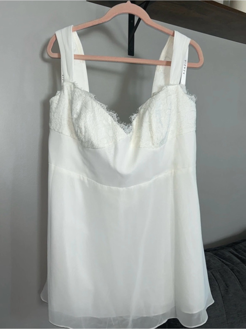 Azazie Ivory Lace-Trim Mini Slip Dress